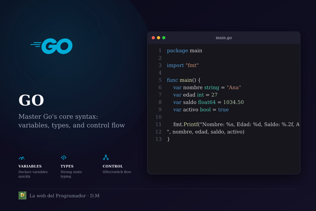 Domina la sintaxis básica de Go: variables, tipos y control de flujo