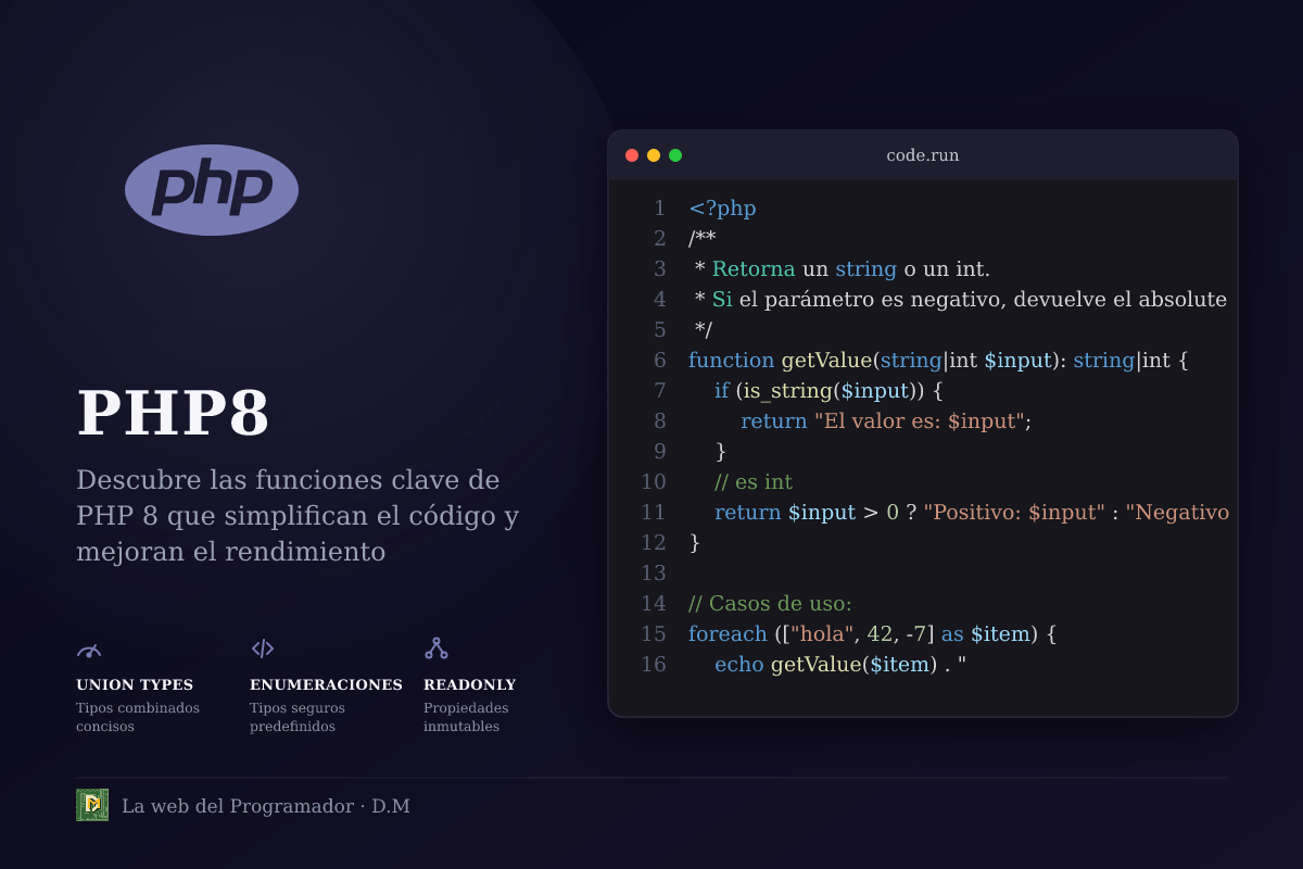 PHP 8+ Moderno: Features Clave que Redefinen el Desarrollo (Union Types, Enums, Readonly y Más)