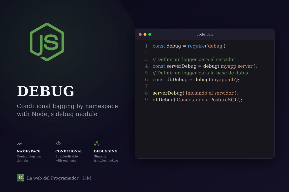 Usá el módulo debug de Node.js para logs condicionales por namespace